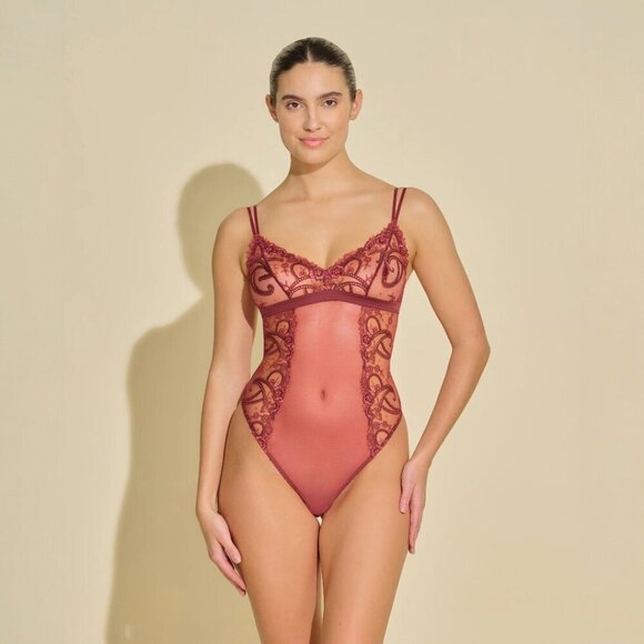 Cosabella Other - Cosabella Sanika Bodysuit Sheer Teddy Maroon Italian Lace Size Medium NEW